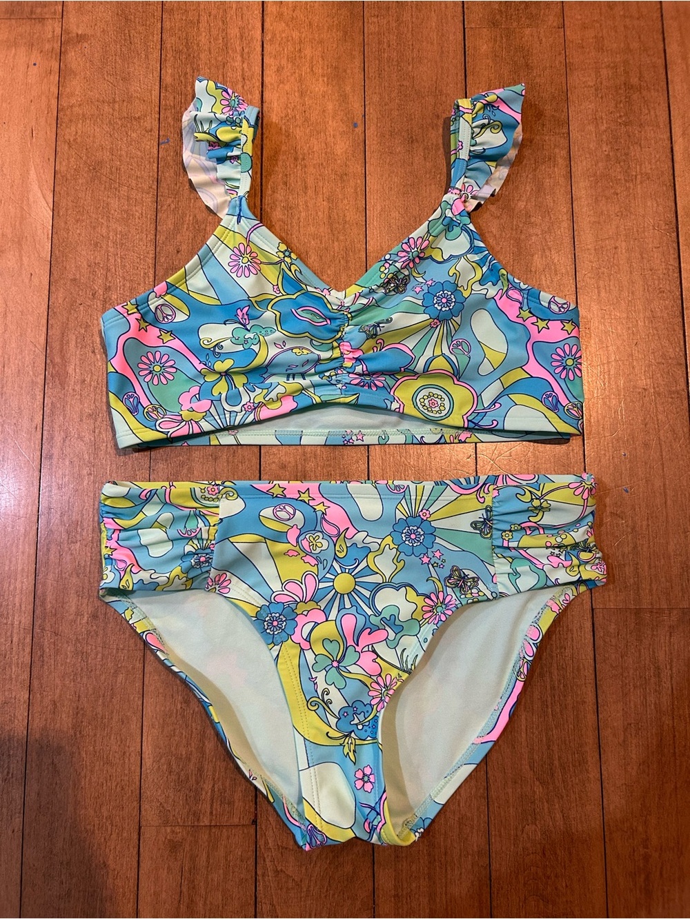 Kids Pastel Floral Two-Piece Swim Bikini - Blue/Pink/Yellow